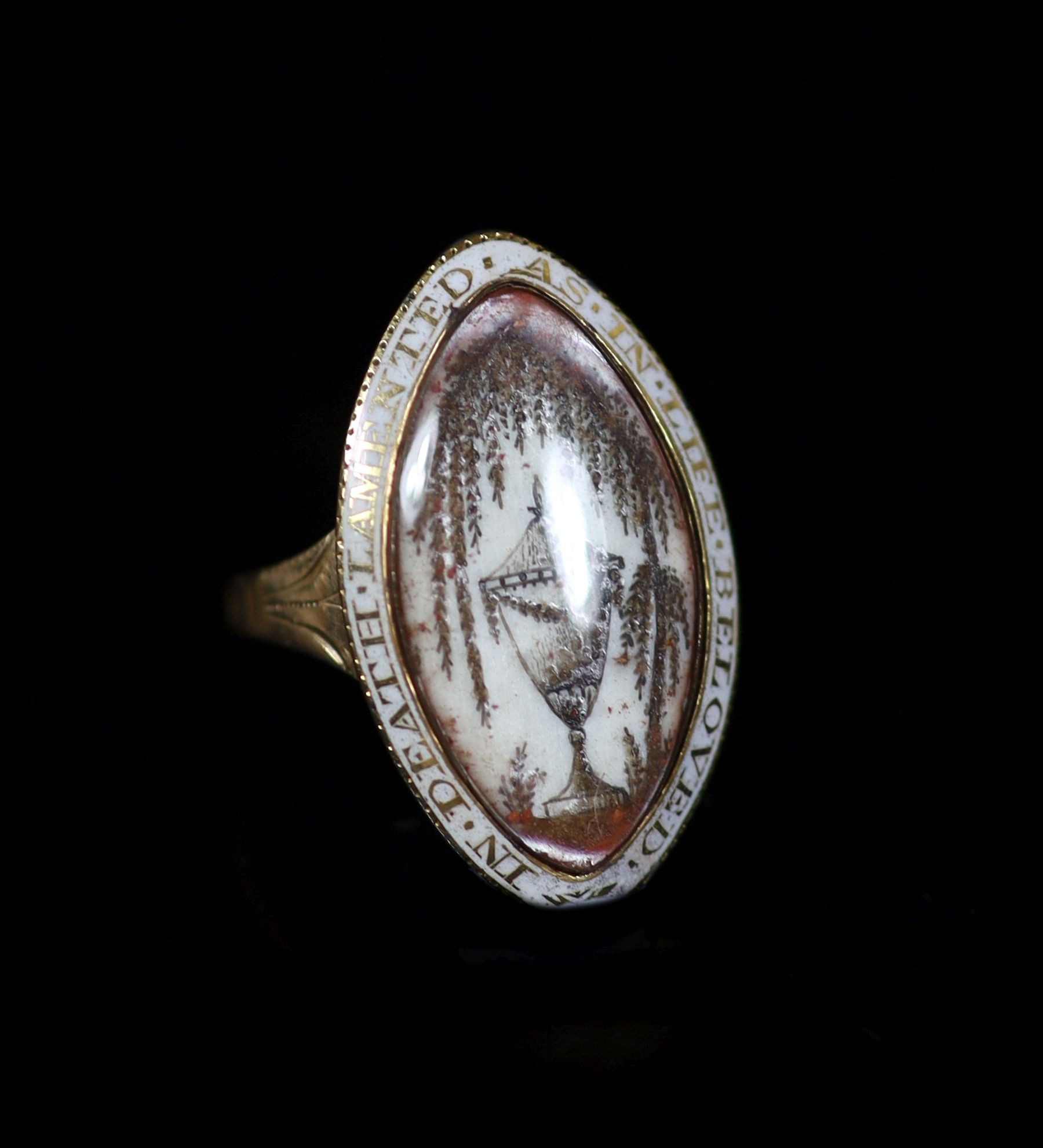 A George III enamelled gold memorial ring, inset with an ivory plaque